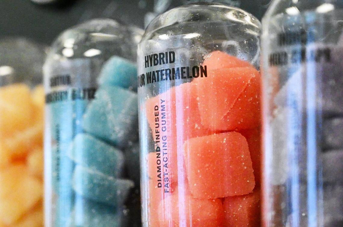 Gummies on display at The Station, a cannabis dispensary located in Fresno, in 2023.