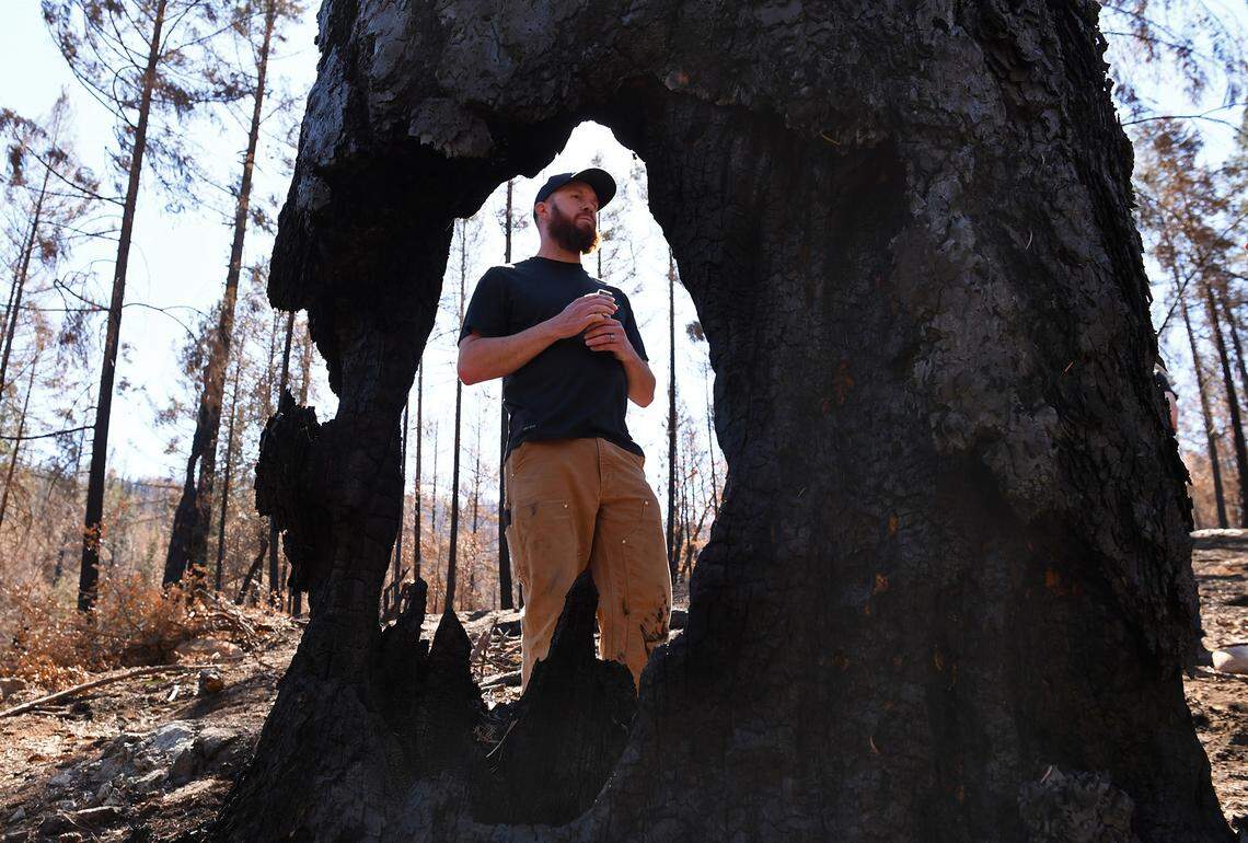 Ty Gillette stands near the origin site of the Creek Fire as he and others search for clues Wednesday, Feb. 24, 2021 near Camp Sierra.