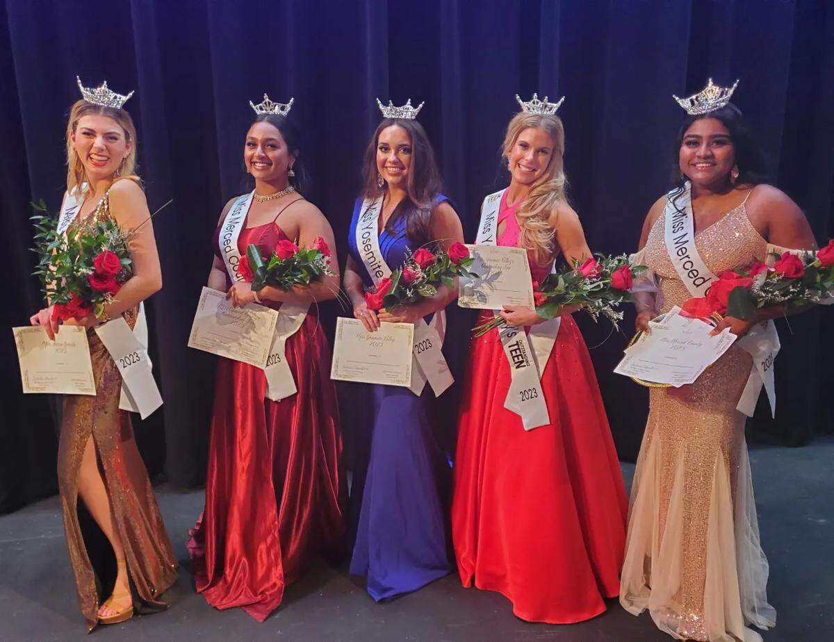 From left, the winning contestants from the Miss Merced County Competition: Miss Sierra Nevada Emma Gerson, Miss Merced County’s Outstanding Teen Siya Lakireddy, Miss Yosemite Valley Mackenzie Starnes, Miss Yosemite Valley’s Outstanding Teen Keira Bixler and Miss Merced County Ananya Veerapaneni.