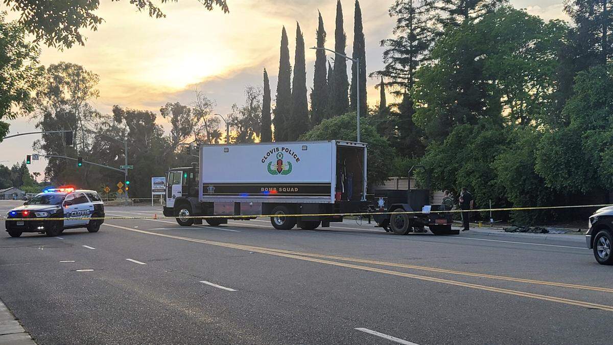 The Clovis Police Bomb Squad gets ready to investigate a suspicious package on Willow Avenue on Monday evening, April 25.