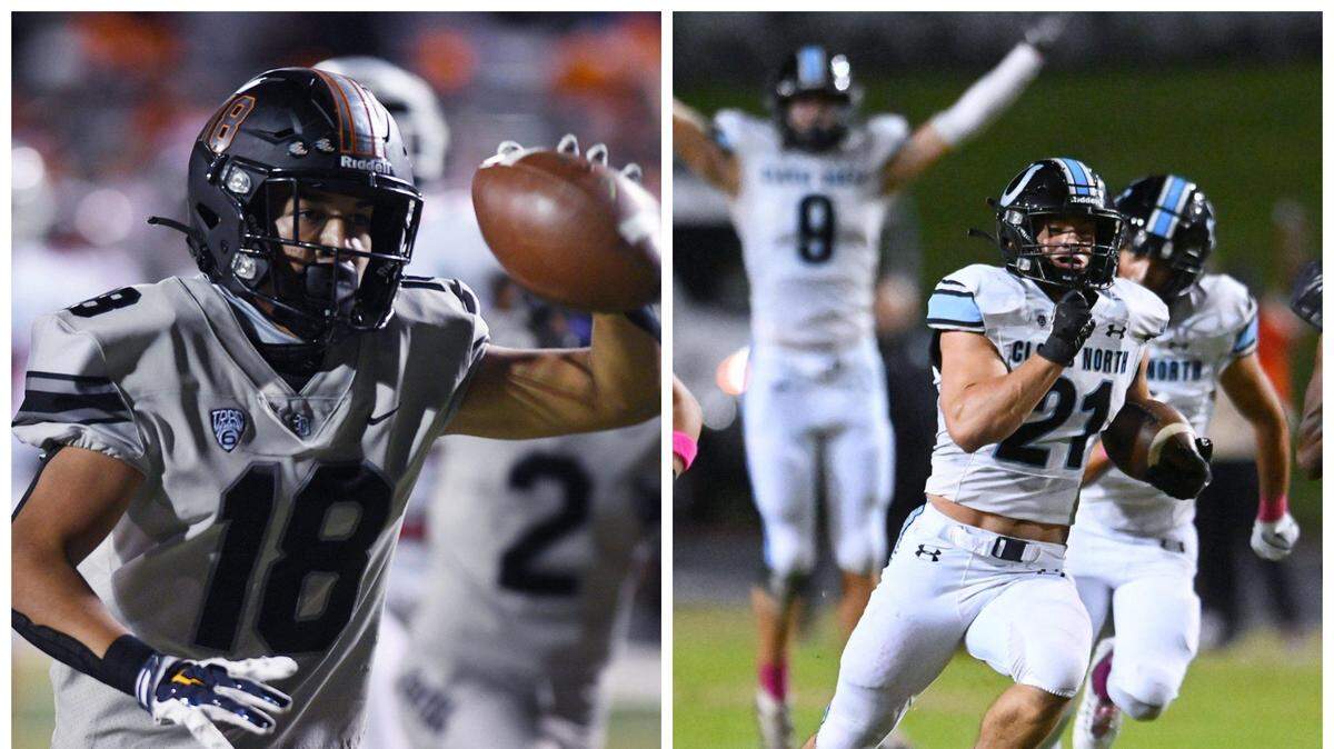 Central WR Braylen Hall, left, and Clovis North RB Jackson Cinfel, right.