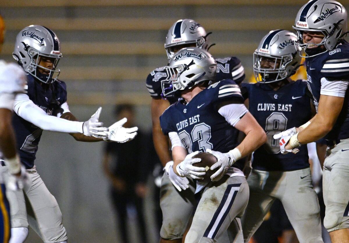 Clovis East celebrates Jax Koontz’s interception, center, against Grant Union Friday, Sept. 13, 2024 in Clovis.