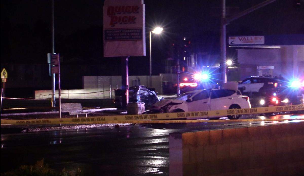 A two-vehicle collision at Olive and Peach avenues following a chase after an officer heard gunshots in the 2400 block of East Tyler Avenue on Thursday, May 4, 2023. The officer gave chase before the white vehicle crashed with another vehicle.