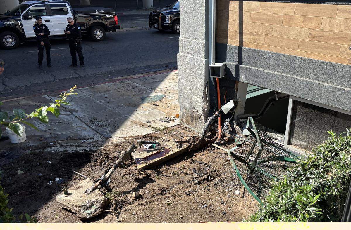 A vehicle crashed into the Factory 41 building at R Street and Ventura Avenue on Thursday morning.