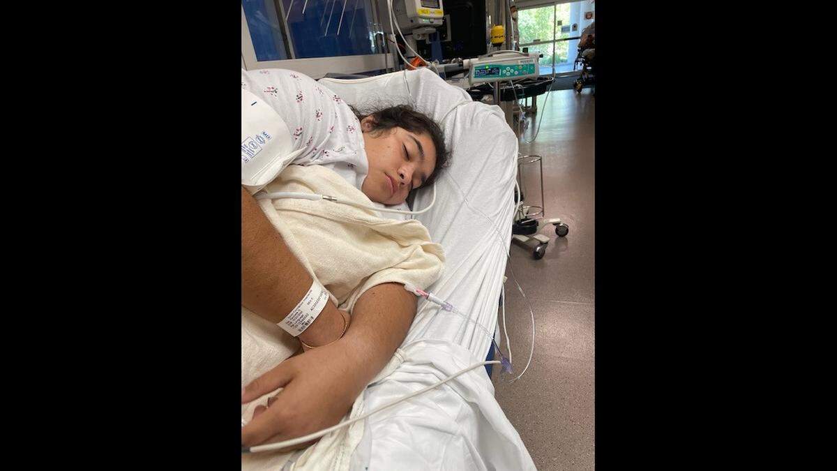 Rashelle Diaz, 16, sleeps before her first surgery at Valley Children’s Hospital in September 2022. She had two surgeries during a nine-day stay, according to her mother, Rosemary Wanis.