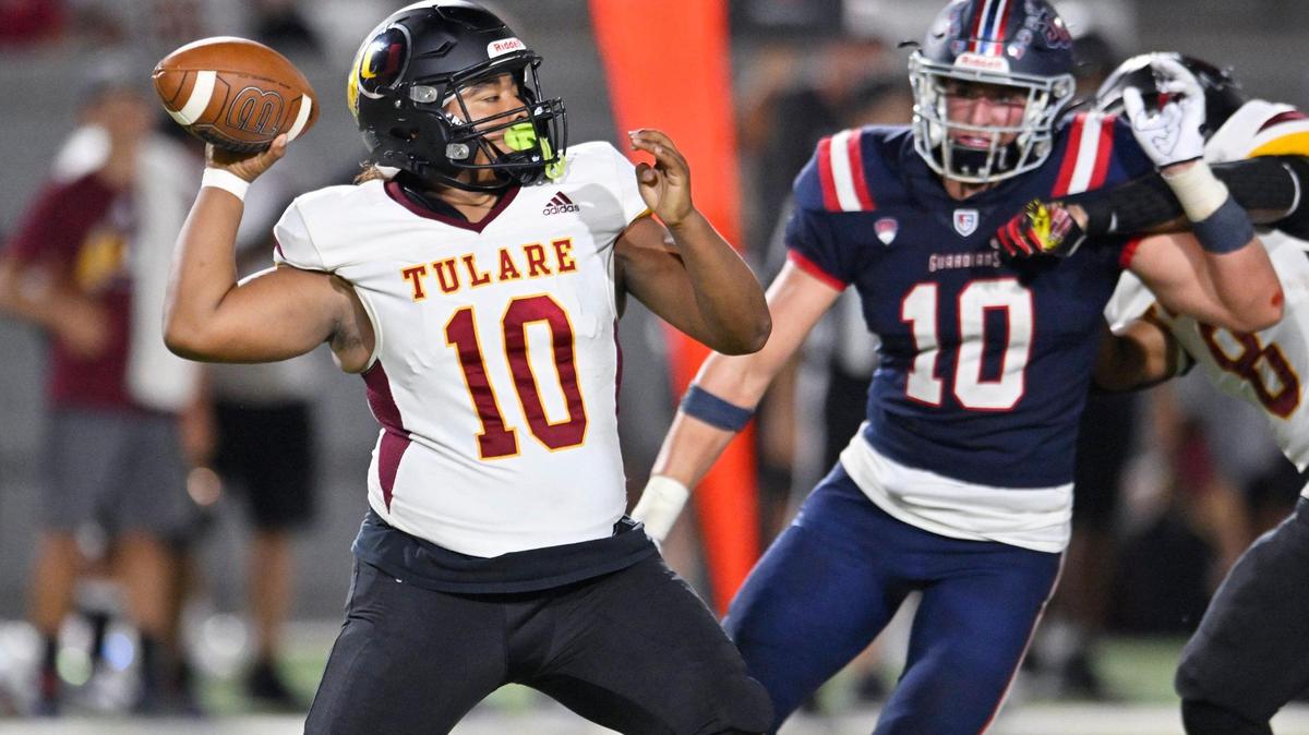 In a file photo, Tulare Union quarterback Jordan Crisp passes against Garza Thursday, Sept. 7, 2023 in Fresno.