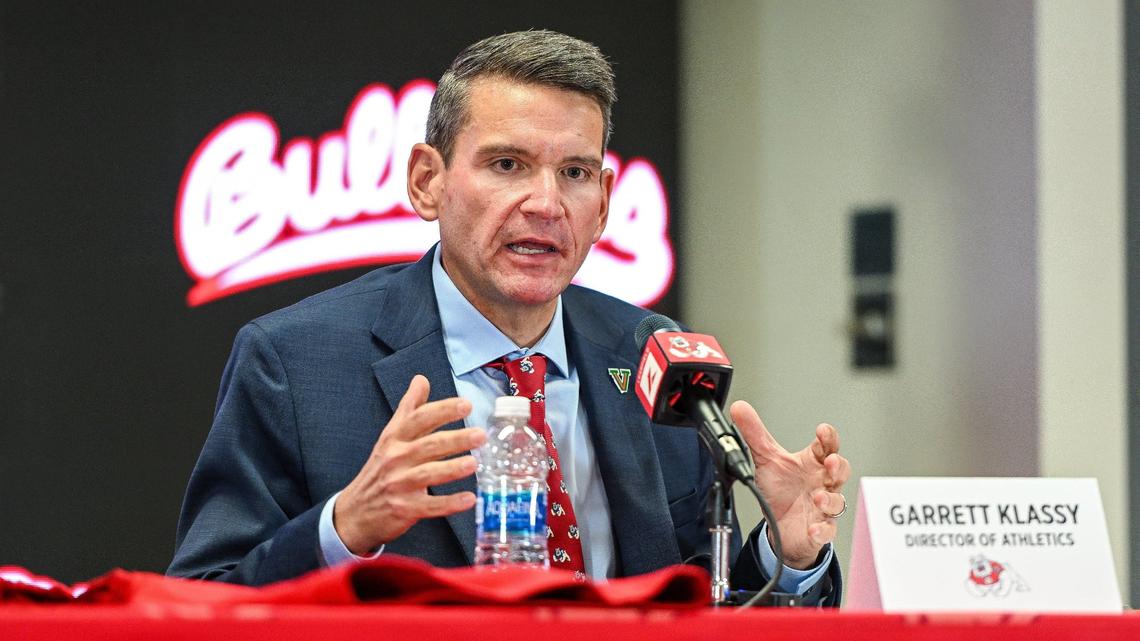Garrett Klassy speaks to the media and other VIPs after being introduced as Fresno State’s athletic director during a news conference at Fresno State’s Josephine Theater on Friday, June 28, 2024.