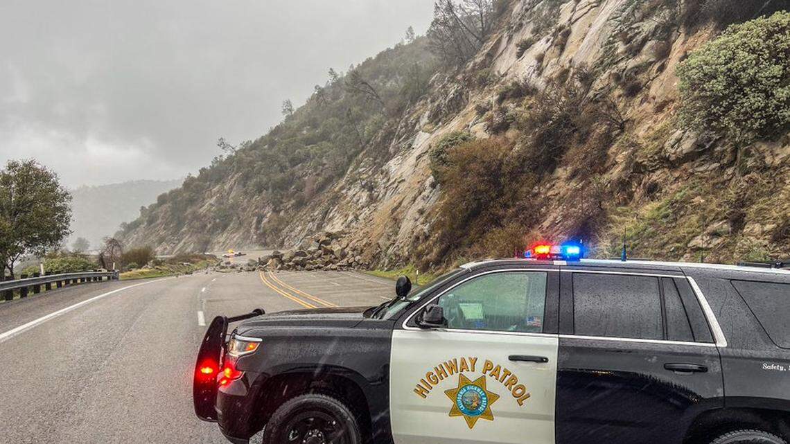 The four-lane stretch of Highway 168 in Fresno County near Shaver Lake is closed because of a rockslide on Saturday, Dec. 31, 2022.