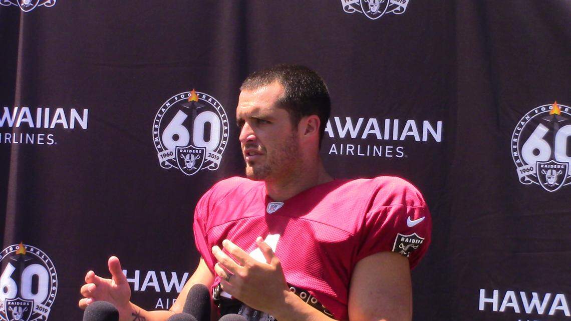 Oakland Raiders quarterback Derek Carr takes questions on Wednesday, Aug. 7, 2019 in Napa, California.