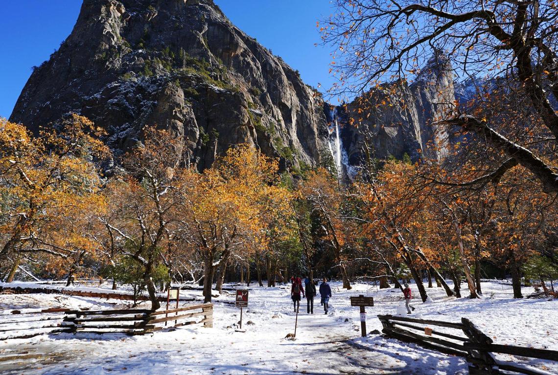 Snow covers Yosemite Valley’s floor Monday, Nov. 9, 2020 following the weekend’s snowstorm in Yosemite National Park.