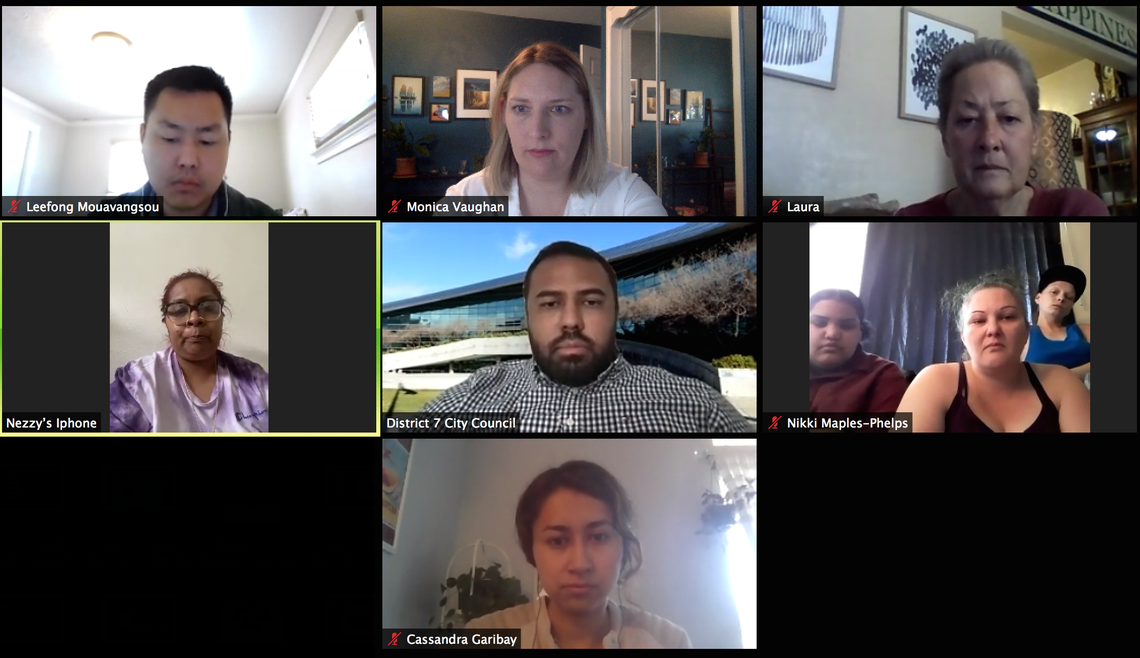 Tenants of Manchester Arms apartments in Fresno shared stories of their housing and code enforcement experiences during a virtual meeting using Zoom with Fresno city Councilmember Nelson Esparza, center, as shown in this screen shot taken the morning of March 29. From top left: City staff Leefong Mouavangsou, Fresno Bee reporter Monica Vaughan, tenant Laura Davies, tenant Inez Hernandez, Councilmember Esparza, tenant Nikki Maples-Phelps with family and Fresno Bee reporter Cassandra Garibay.
