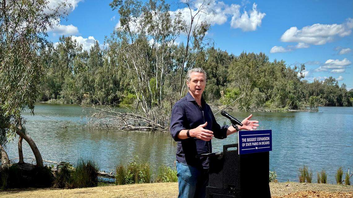 Gov. Gavin Newsom announces an expansion of California State Parks system at a press conference in Madera County on Wednesday, April 22, 2026. The expansion will include the San Joaquin River Parkway north of Fresno.