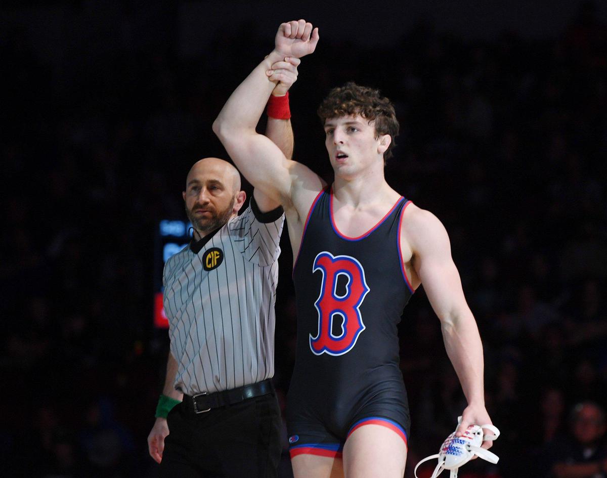 Buchanan’s Joseph Martin wins his 182 lb bout against Bakersfield’s Tye Monteiro at the CIF state wrestling championships held Sarurday, Feb. 26, 2022 in Bakerfield.