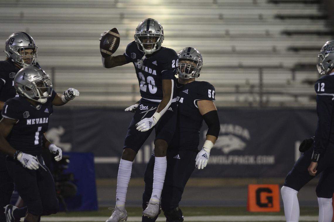 Nevada freshman Tory Horton celebrates one of his three touchdown receptions in a victory over Fresno State Saturday, Dec. 5, 2020. Horton is a Washington High grad.