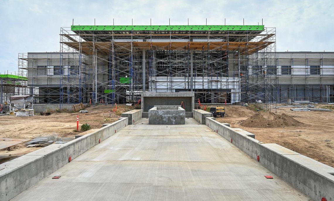 Construction progresses on the West Fresno Campus of Fresno City College on the southeast corner of Church and Walnut avenues in southwest Fresno on Monday, April 18, 2022. The Fresno Economic Development Corporation is receiving $1.9 million to construct a 60,000-square-foot training center on the campus to assist women, minorities, veterans, ex-offenders, at-risk and disconnected young adults and other underrepresented individuals as part of $11 million for local projects secured by Congressman Jim Costa through the Fiscal Year 2022 government funding package.