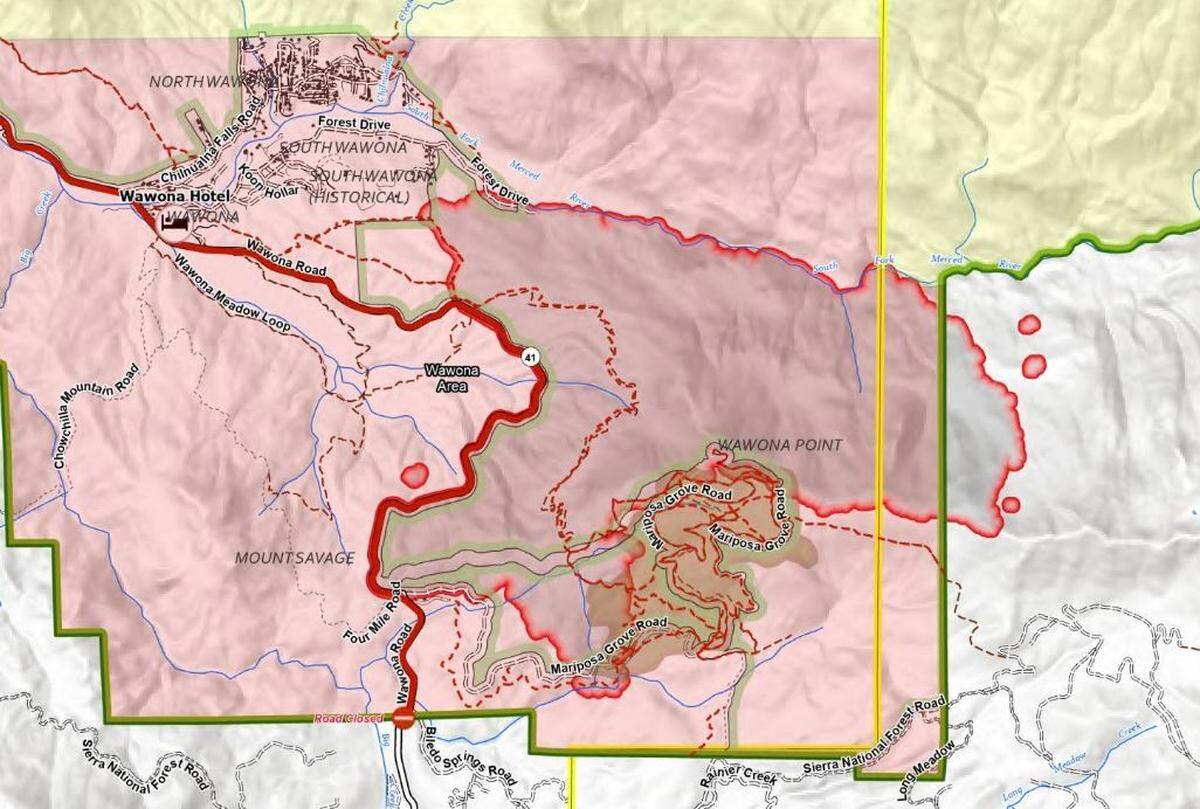 A map of the Washburn Fire shows Highway 41 (Wawona Road) as well as the community of Wawona at upper left in relation to the wildfire’s perimeter on Tuesday morning, July 12, 2022. To the east, the fire has burned eastward beyond the park boundary into Madera County and the Sierra National Forest.