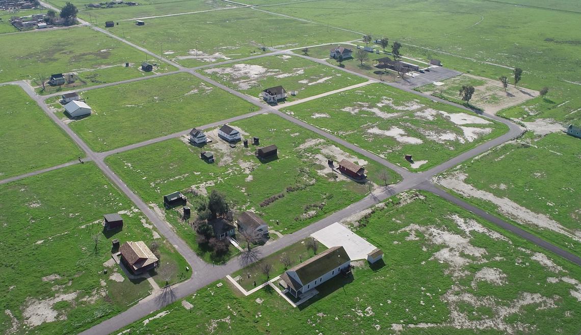 A drone image shows many of the structures at Colonel Allensworth State Historic Park near Earlimart on Thursday, Feb. 7, 2019.