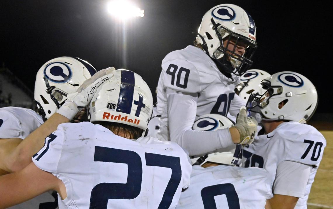Central Valley Christian’celebrates its 28-1 victory over Golden West in the D2 semifinal championship game Friday night, Nov. 22, 2024 in Visalia. CVC will face Bakersfield in next week’s final.