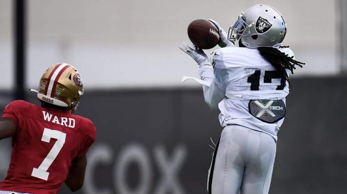 Las Vegas Raiders wide receiver Davante Adams makes a catch during a joint practice with the San Francisco 49ers on Thursday, Aug. 10, 2023.