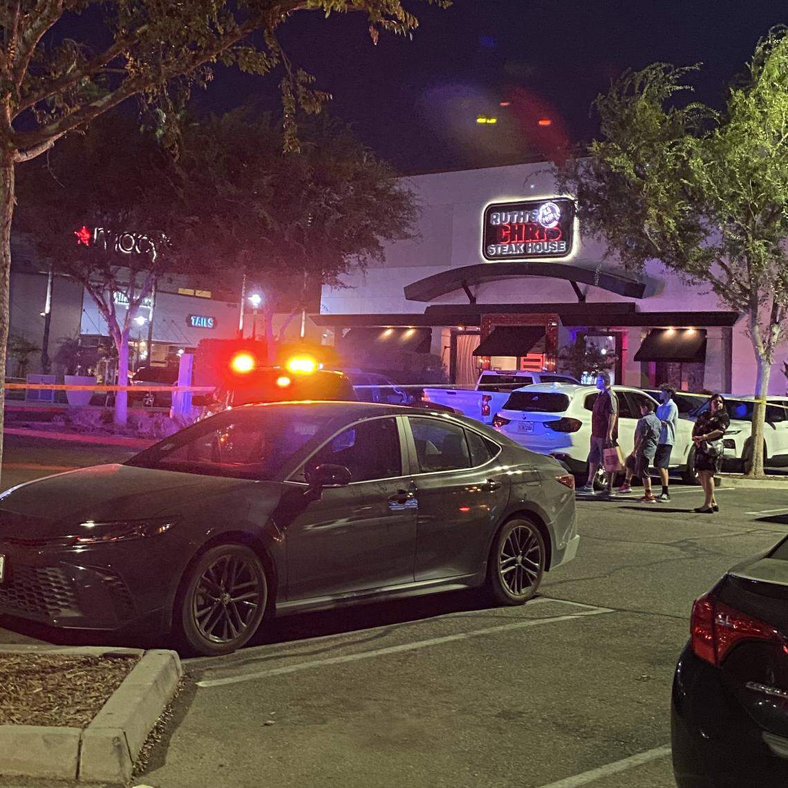 Crime scene tape is up at Ruth’s Chris Steak House after a shooting occurred outside the restaurant at River Park Shopping Center on Wednesday, Aug. 20, 2025.