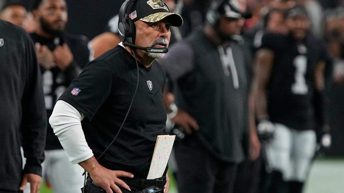 Las Vegas Raiders head coach Rich Bisaccia during the second half of an NFL football game against the Kansas City Chiefs, Sunday, Nov. 14, 2021, in Las Vegas.