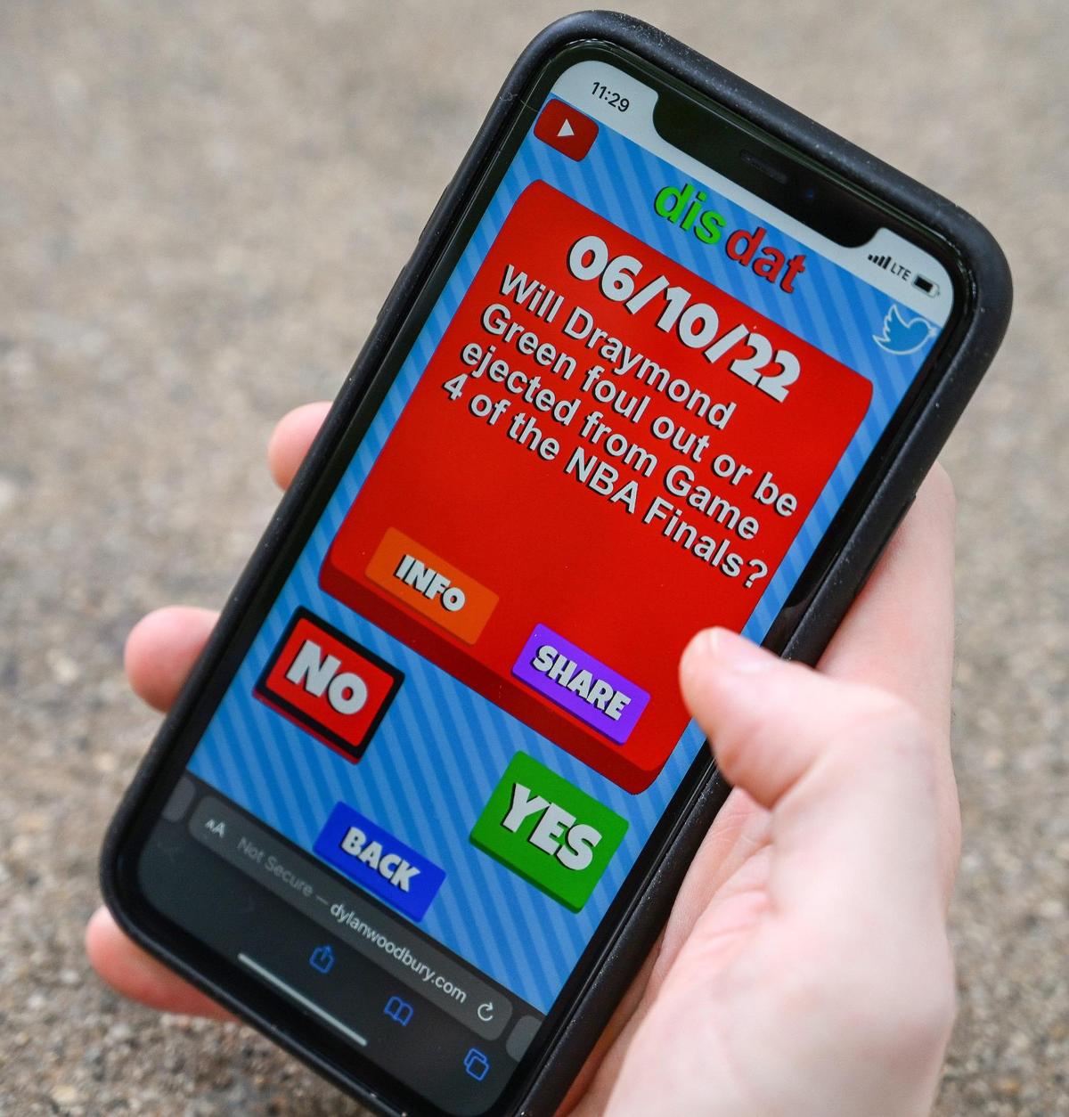 Local game developer Dylan Woodbury created a Wordle-inspired game app called DisDat that challenges users to predict the correct answer to various current event topics in the news.