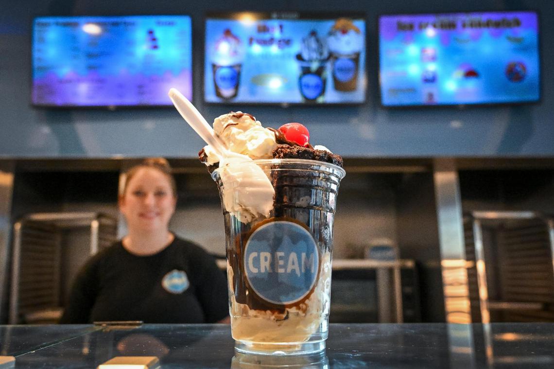A brownie and ice cream sundae prepared by owner Amanda Vogel at her family’s CREAM ice cream business in the Bulldog Plaza shopping center near Fresno State.