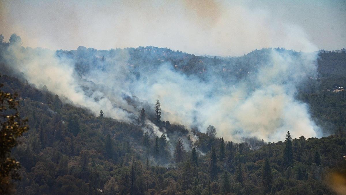 Smoke billows from the Oak Fire in a canyon near Darrah Road south of Triangle Road in Mariposa County on Tuesday, July 25, 2022.