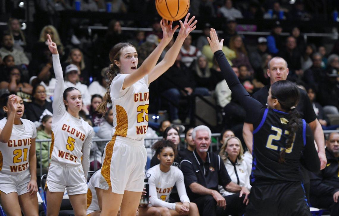 Clovis West’s Keegan Medeiros shoots a three-pointer against Clovis High in the Central Section girls Division I basketball championship Saturday, Feb. 25, 2023 in Fresno.