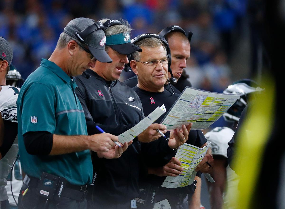 Philadelphia Eagles offensive coordinator Frank Reich, left, and head coach Doug Pederson confer during a game last season, Reich is now head coach of the Indianapolis Colts, who have won four games in a row, while the Eagles have struggled through a post-Super Bowl hangover.