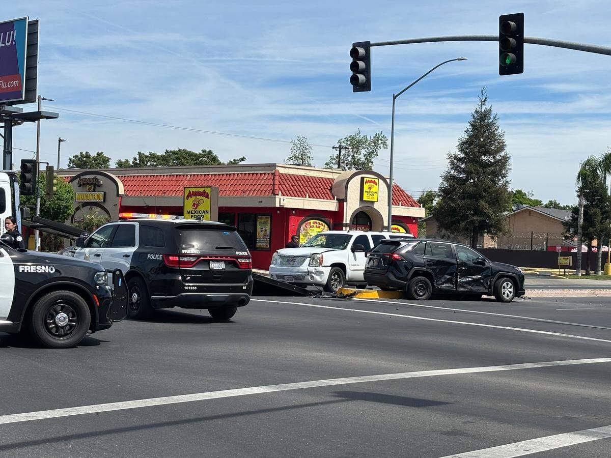 The intersection at Maple and Cesar Chavez in Fresno, California after an officer-involved crash on Thursday, March 26, 2026.