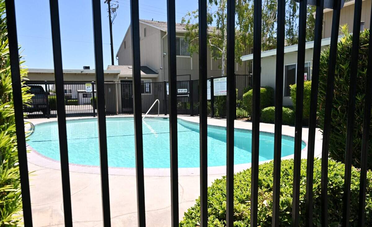 A swimming pool is seen at a large apartment complex Monday, June 29, 2026 in Clovis. The City of Clovis has changed its multifamily residential status which will impact new apartments.