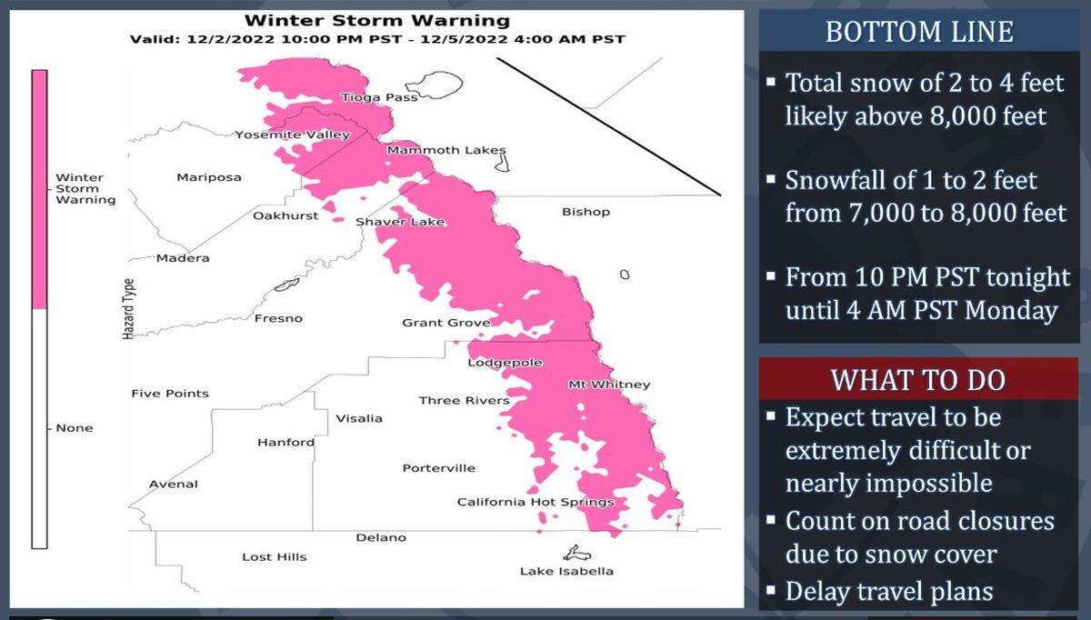 A winter storm warning is in effect from Friday night, Dec. 2, 2022, through early Monday morning, Dec. 5, for the central Sierra Nevada range on the east flank of the San Joaquin Valley. National Weather Service forecasters expect several feet of snow to fall on the mountains over the weekend, accompanied by gusting winds over mountain crests and in canyons.