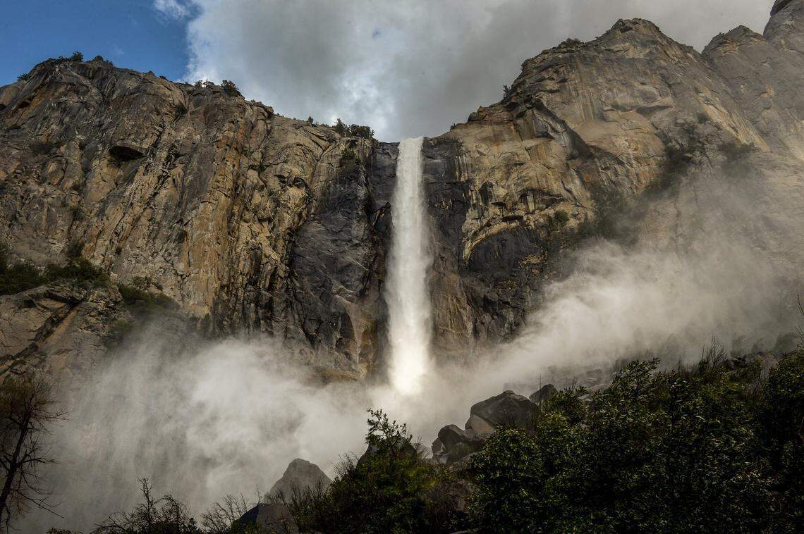 Bridalveil Fall flows into Yosemite Valley at near peak levels on Tuesday, April 30, 2019. The Sierra Nevada snowmelt is in high gear after a bigger than normal snow year.