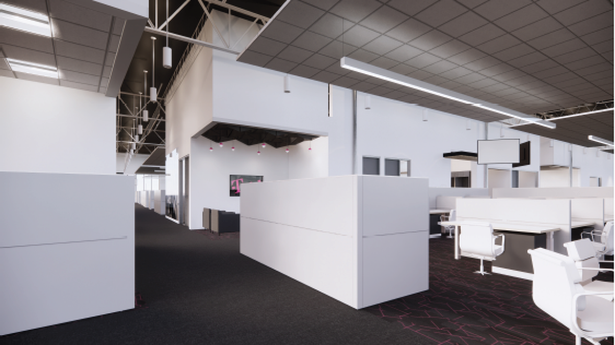 An artist’s rendering depicts the open office concept for T-Mobile’s new customer call center, expected to open in the second quarter of 2022 in Kingsburg, California.