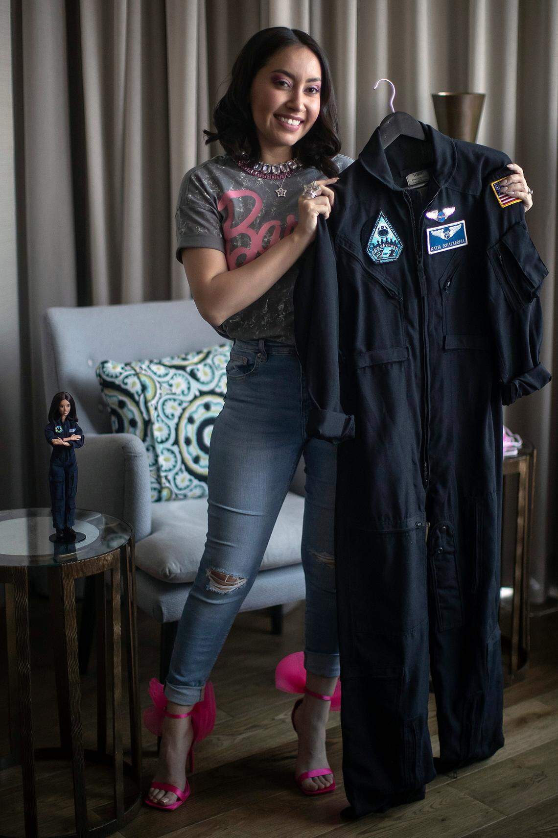 Katia Echazarreta poses with her jumpsuit during an interview with Agencia EFE on March 6, 2023, in Mexico City.