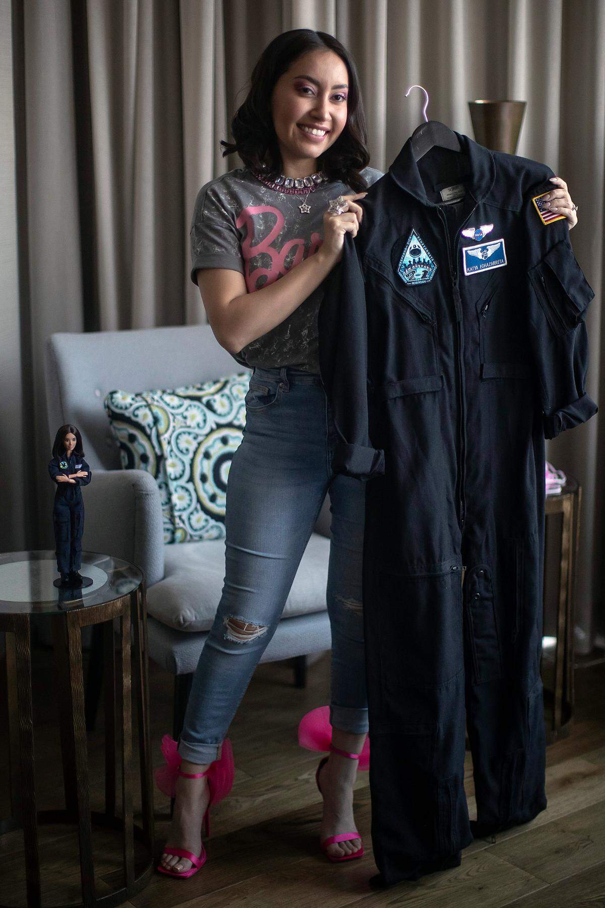 Katia Echazarreta poses with her jumpsuit during an interview with Agencia EFE on March 6, 2023, in Mexico City.