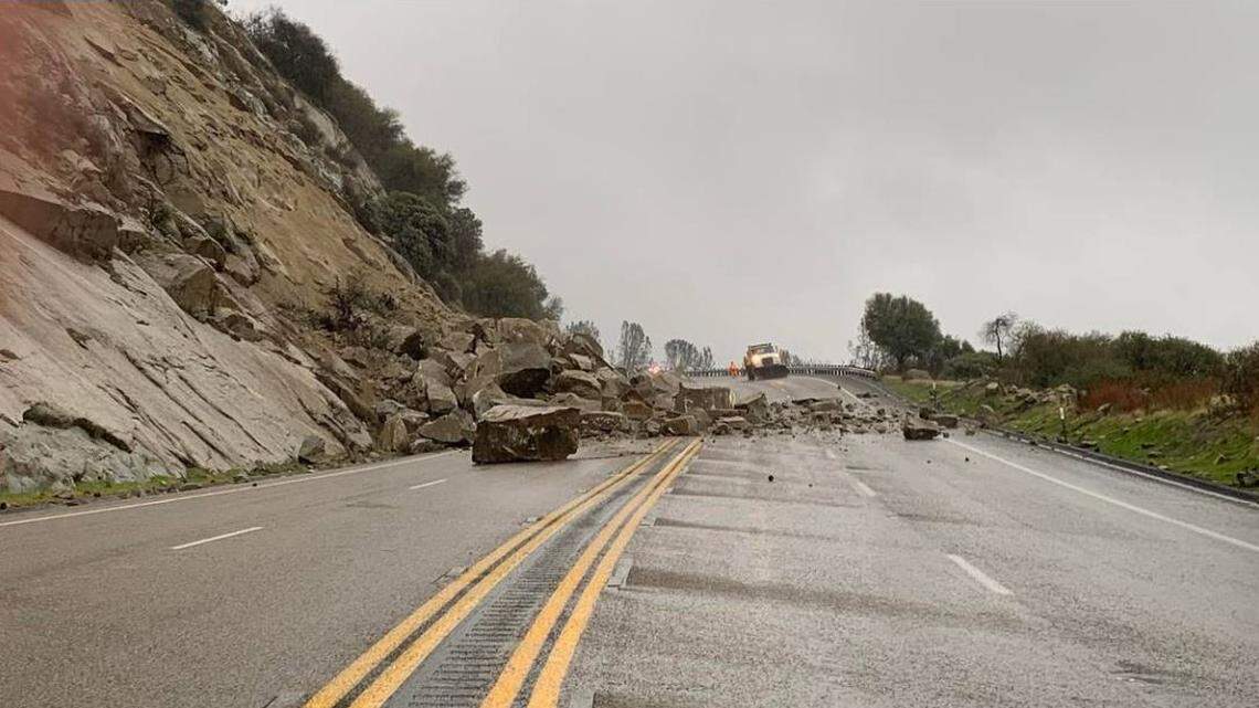 Caltrans workers continued to work Monday clearing a rockslide at the 2,500 foot level on Highway 168, leading to the High Sierra.