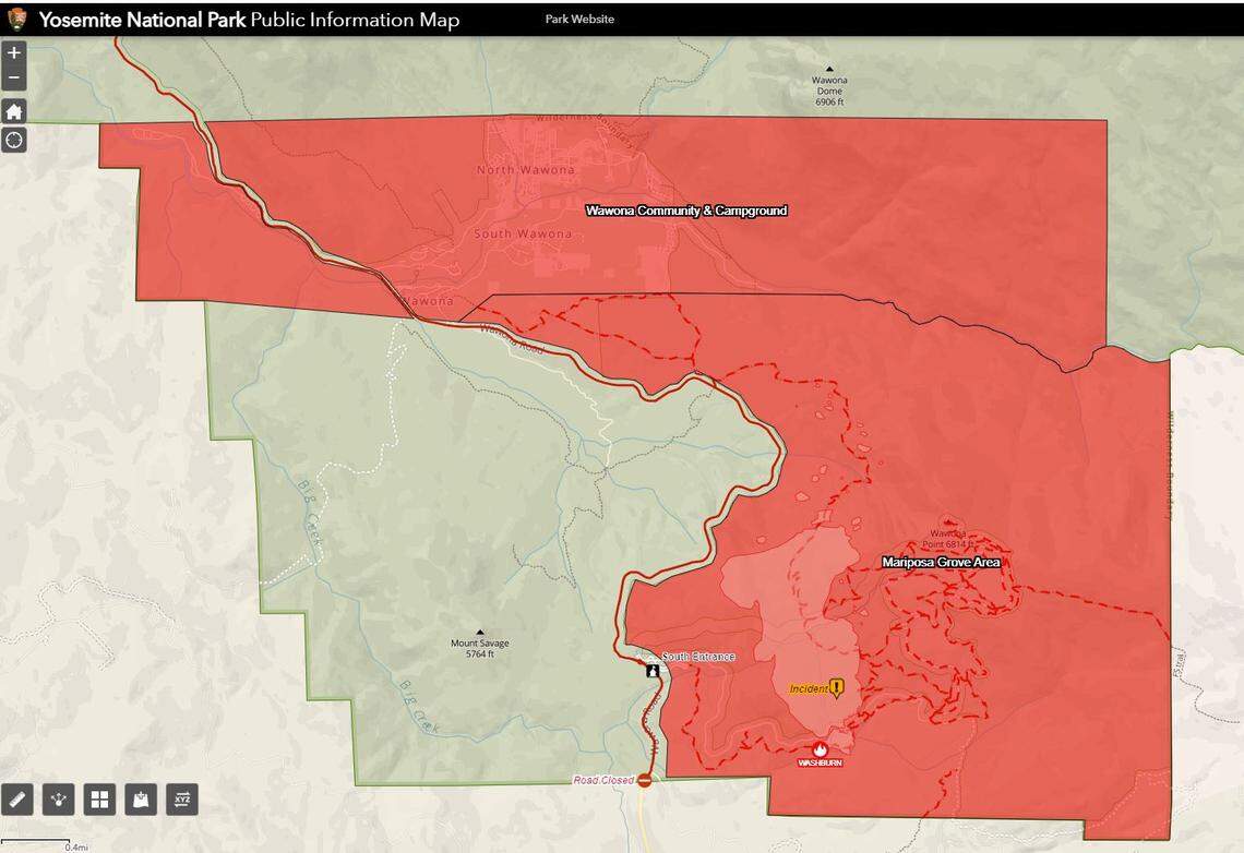 A map of the evacuation area and current evacuation levels as of July 9, 2022 for the Washburn fire burning in the southern area of Yosemite National Park.