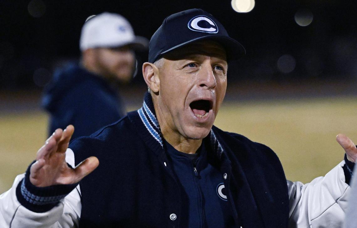 Central Valley Christian head coach Don Arax is seen on the sidelines in the D2 semifinal championship game against Golden West Friday night, Nov. 22, 2024 in Visalia. CVC beat Golden West 28-7 and will face Bakersfield in next week’s final.