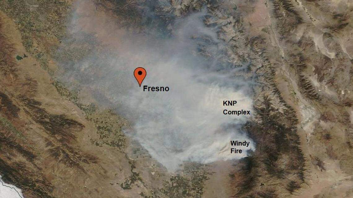 A Sept. 21 satellite image of the central and southern San Joaquin Valley shows smoke flowing westward into the Valley from two wildfires burning in eastern Tulare County: the KNP Complex and Windy Fire.