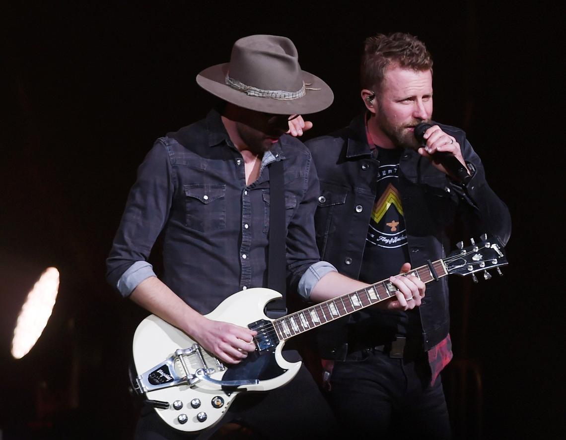 Dierks Bentley, right, performs during his Burning Man 2019 tour in Fresno, California.