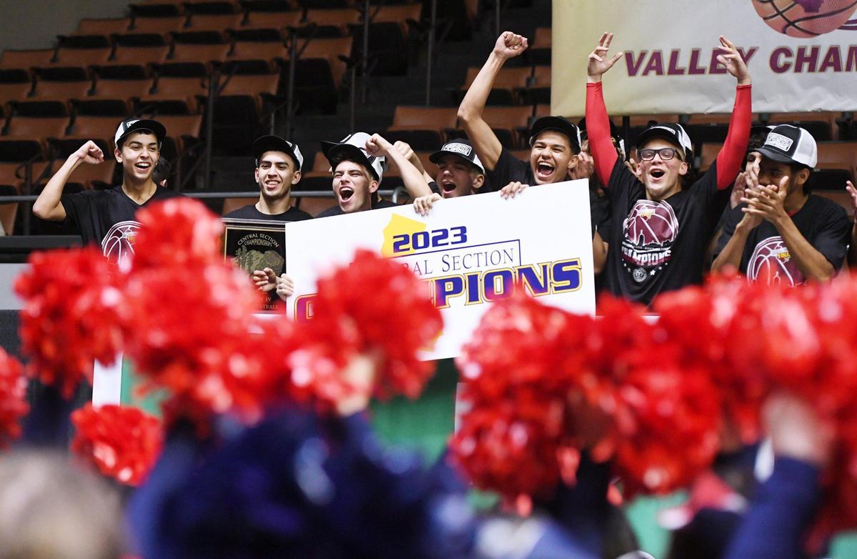 Tulare Western celebrates its 60-40 win over Kerman at the CIF Central Section Division IV basketball championship Friday, Feb. 24, 2023 in Fresno.
