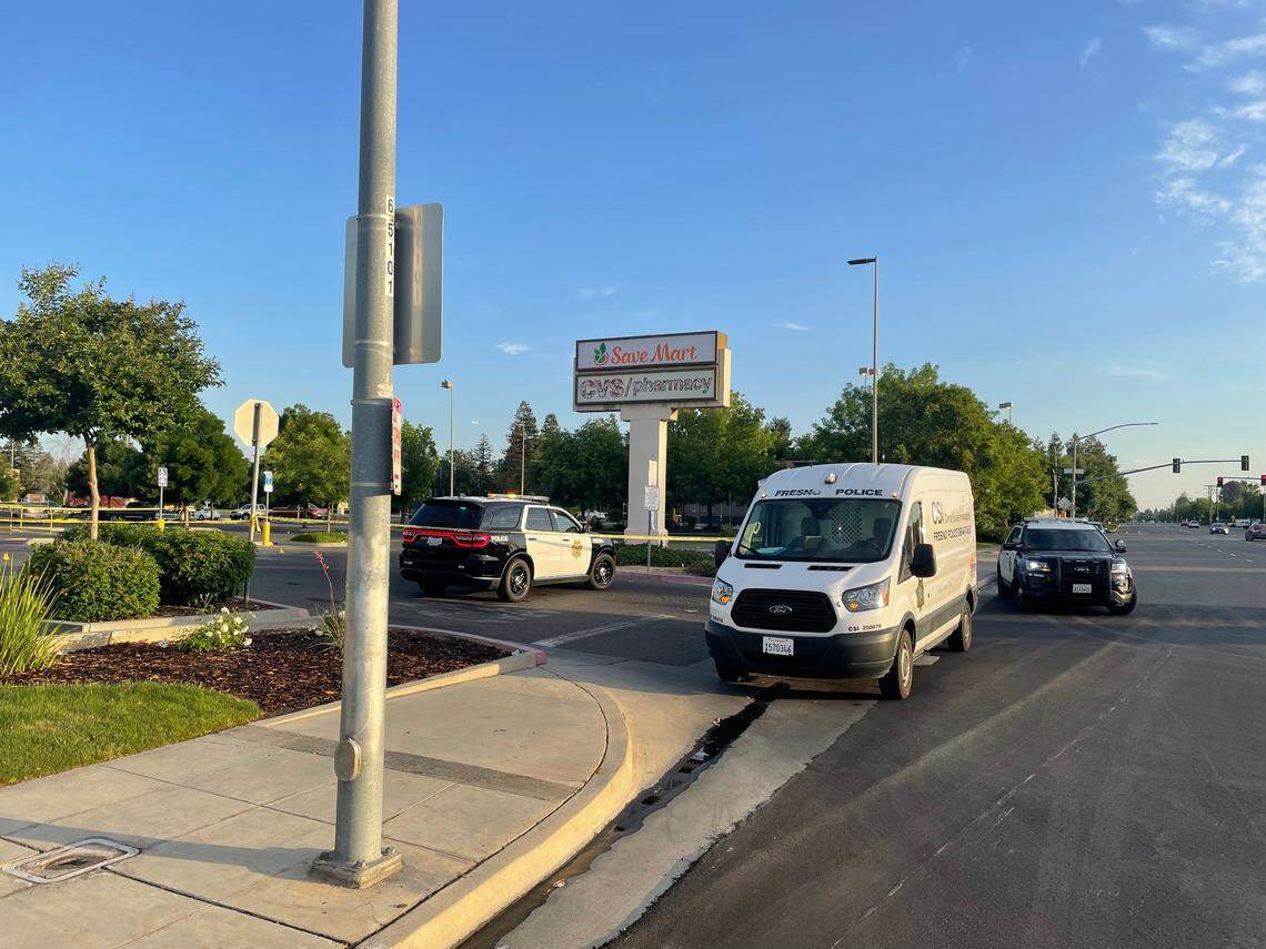 Police say officers found the victim of a deadly stabbing behind a dumpster in a shopping center near West Clinton and North Brawley avenues,