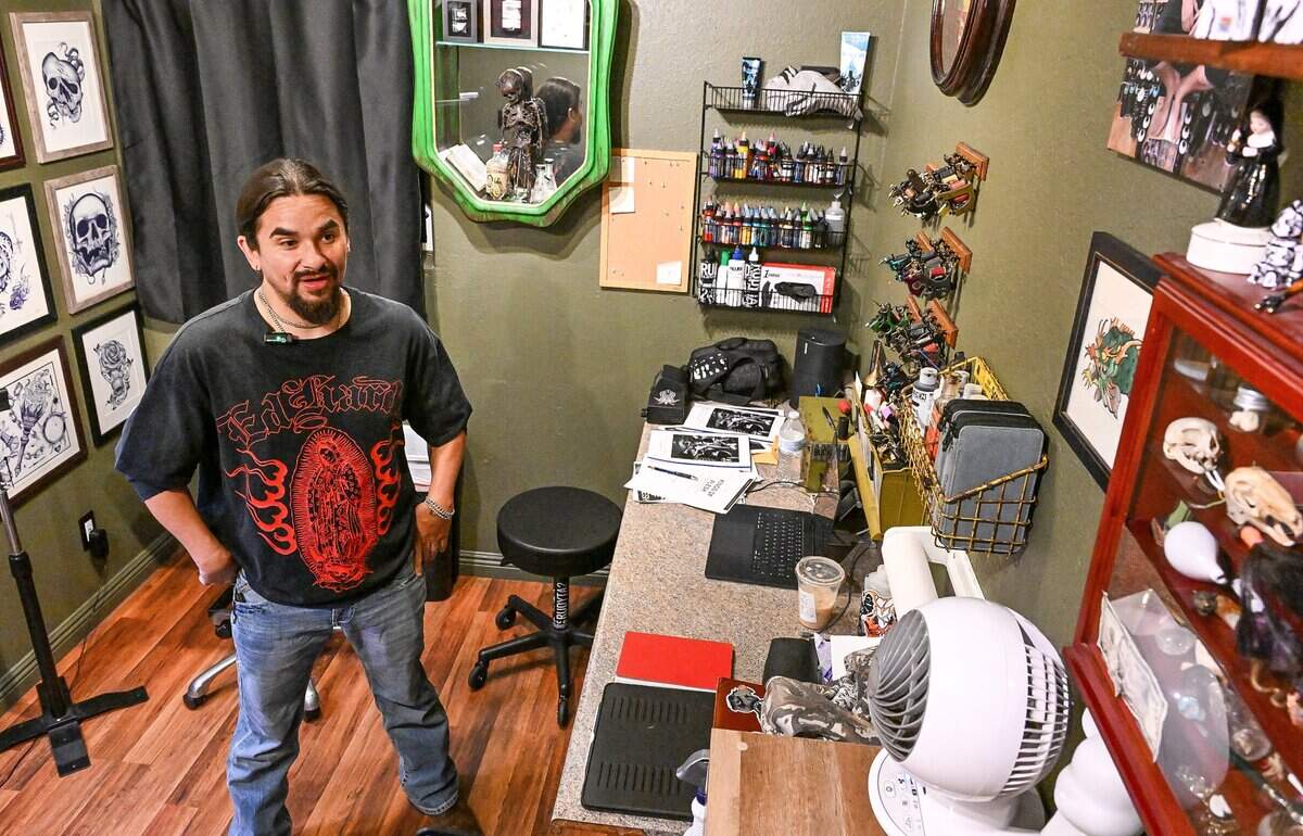 Daniel Rudolfo Acosta III, stands in his tattoo parlor at Clovis Ink Tattoo, the first tattoo parlor to open in Clovis, on Monday, June 29, 2026.