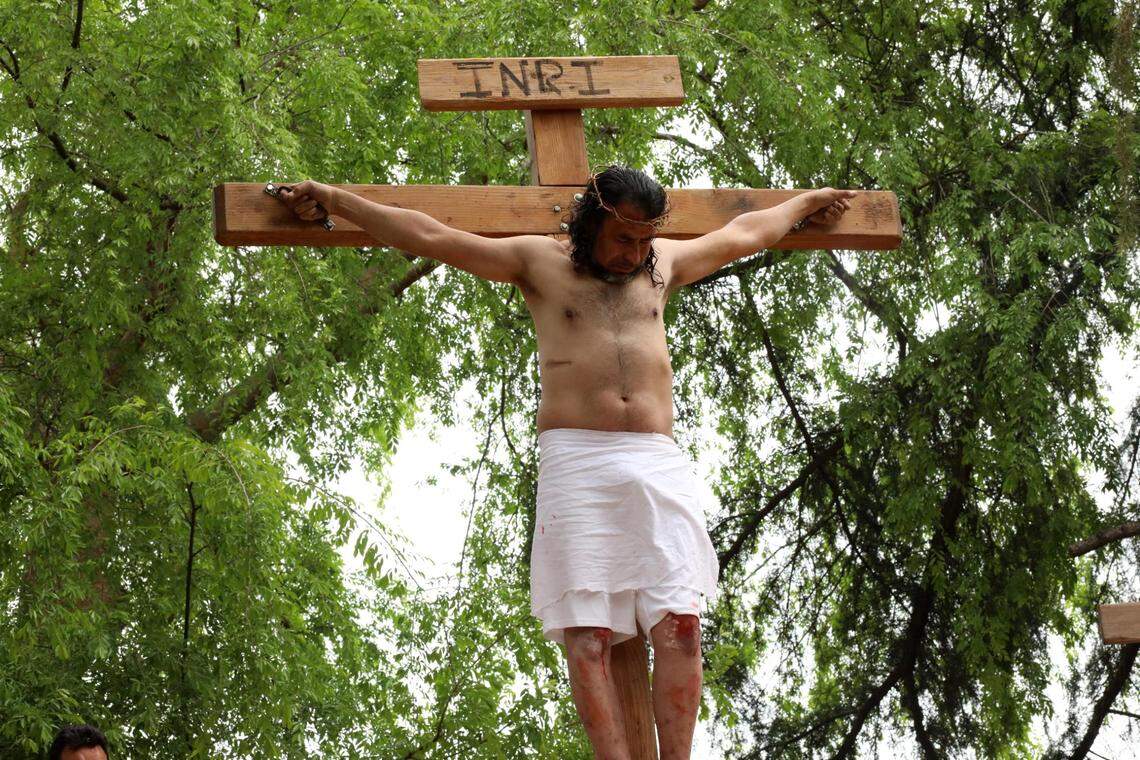 Luis Alberto Hernández as Jesús in the Via Crucis of Saint Anthony Mary Claret Catholic church on Good Friday, March 29, 2024 in Fresno.