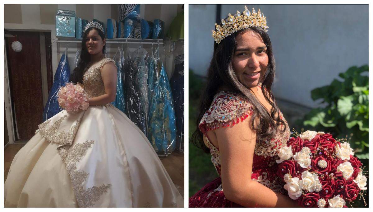 Nevea Piz, left, and Victoria Bejarano, right, pose in their quinceañera dresses. The COVID-19 pandemic threw their celebrations into question as gatherings are not allowed in order to slow the spread of the virus. 