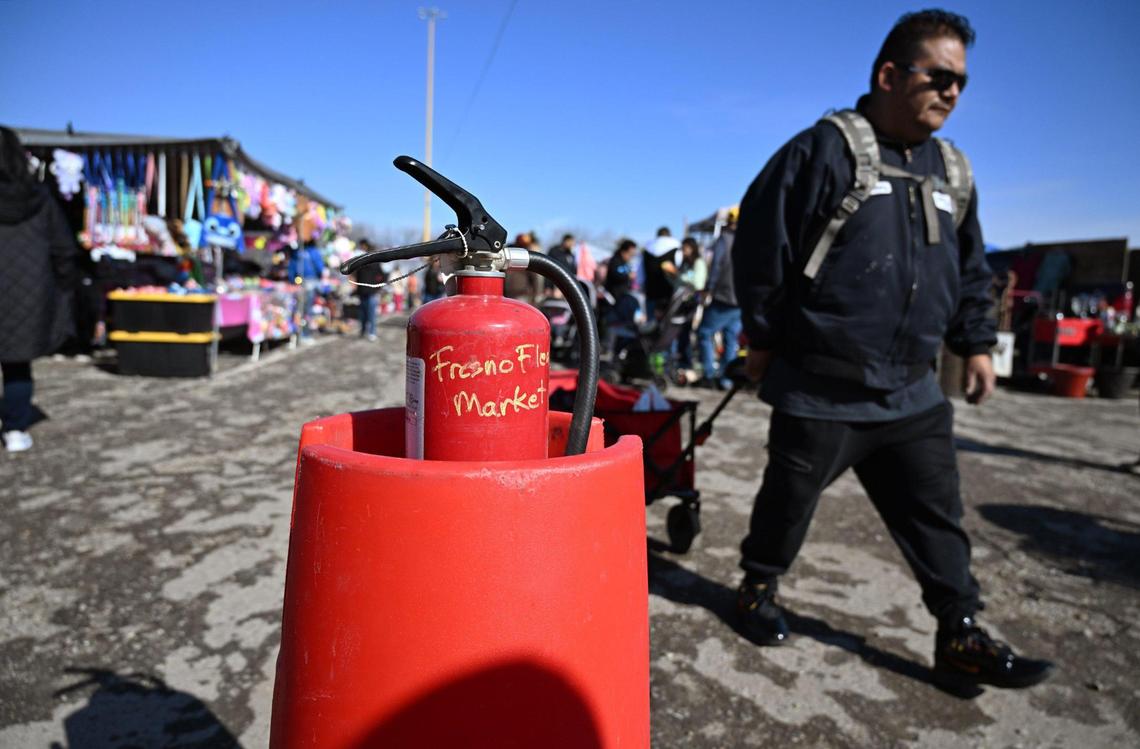One of many fire extinguishers is seen at the Fresno Flea Market Sunday Feb. 16, 2025 in Fresno.