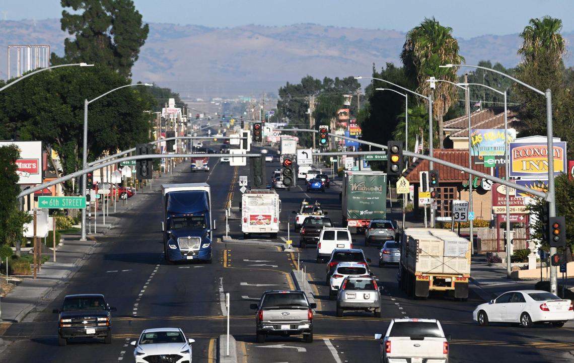 Traffic through Los Banos, pictured, could be affected when Highway 152 is narrowed to a single lane in each direction during construction phases of the Sisk Dam at San Luis Reservoir. Photographed Thursday, Aug. 8, 2024.