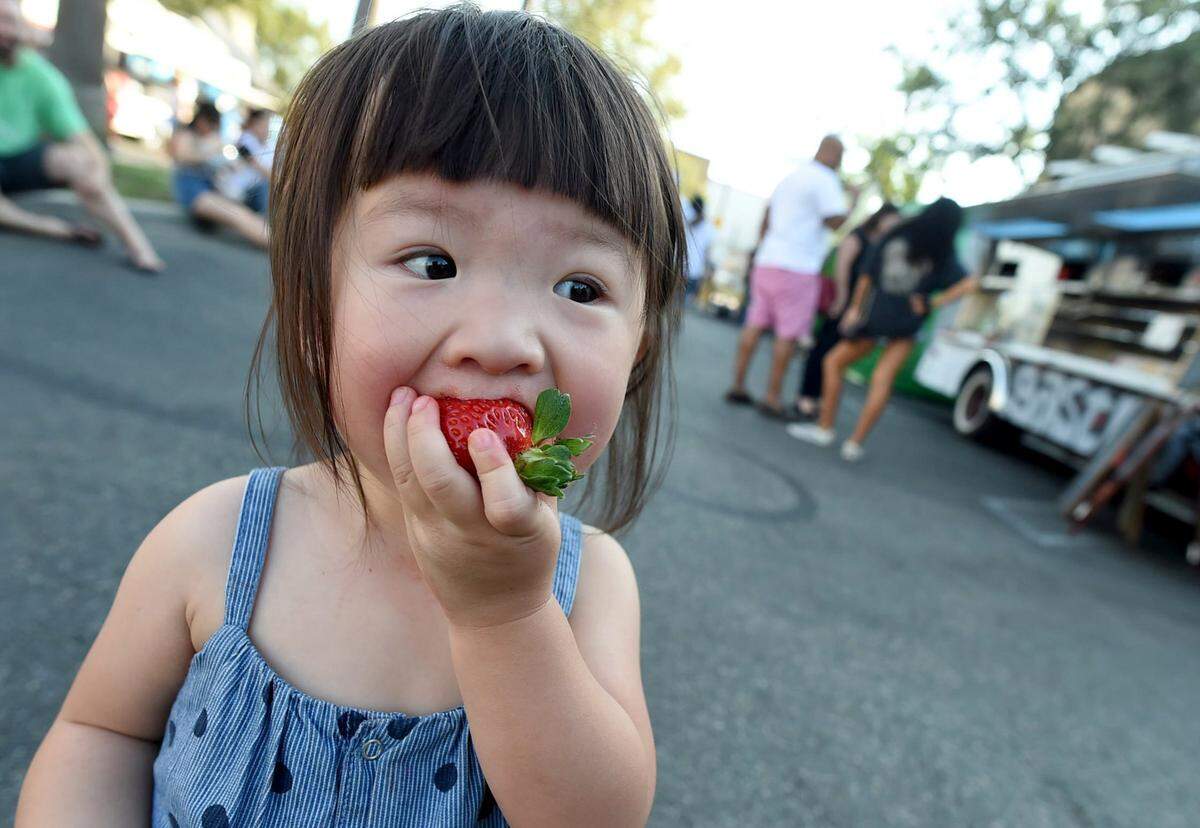 1 1/2-year-old eats a juicy strawberry on River Park Farmers Market’s Gourmet Way.